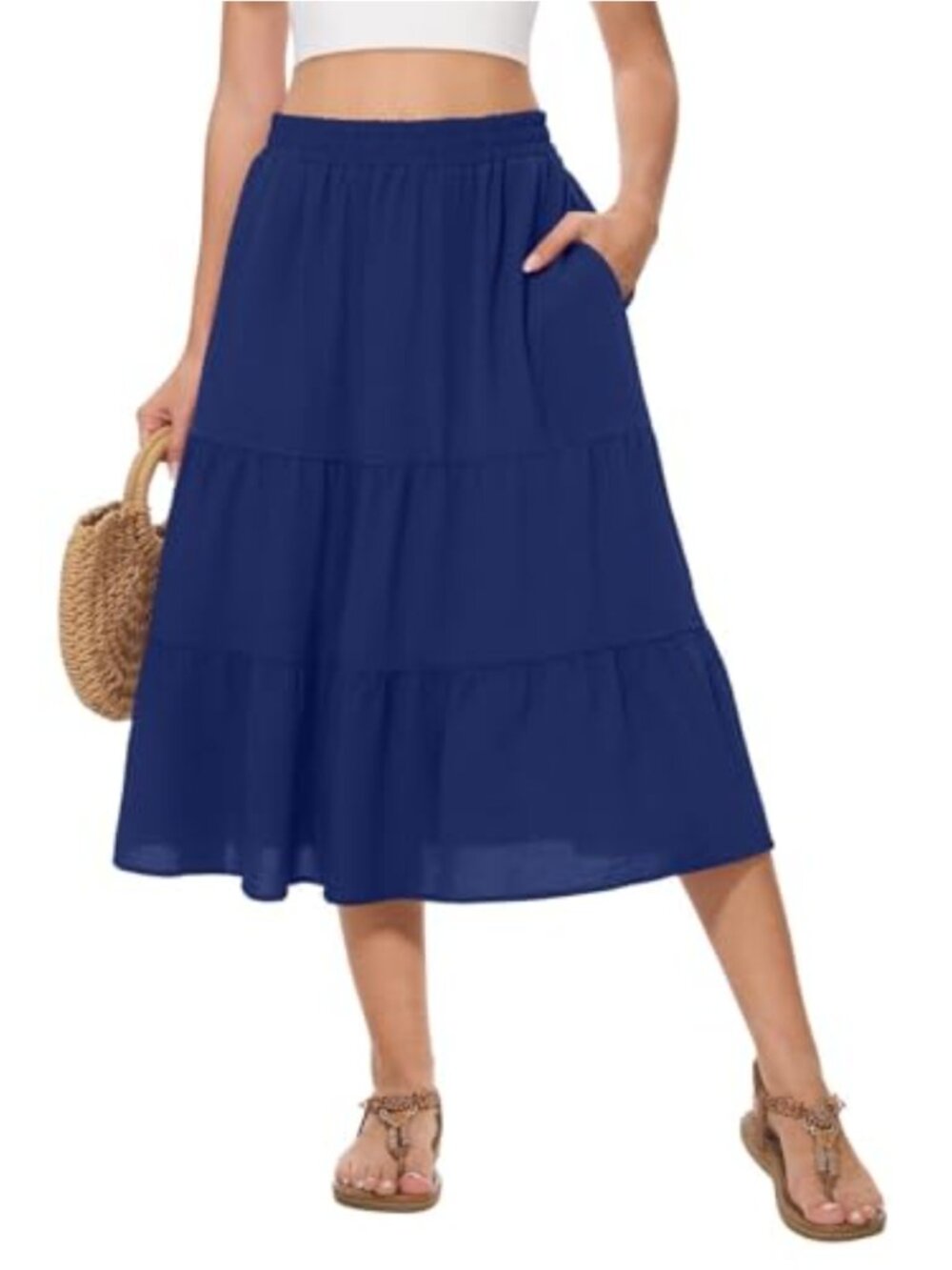 Women's Tiered Midi Skirt High Waist A-Line Flowy Ruffle Pockets Lightweight